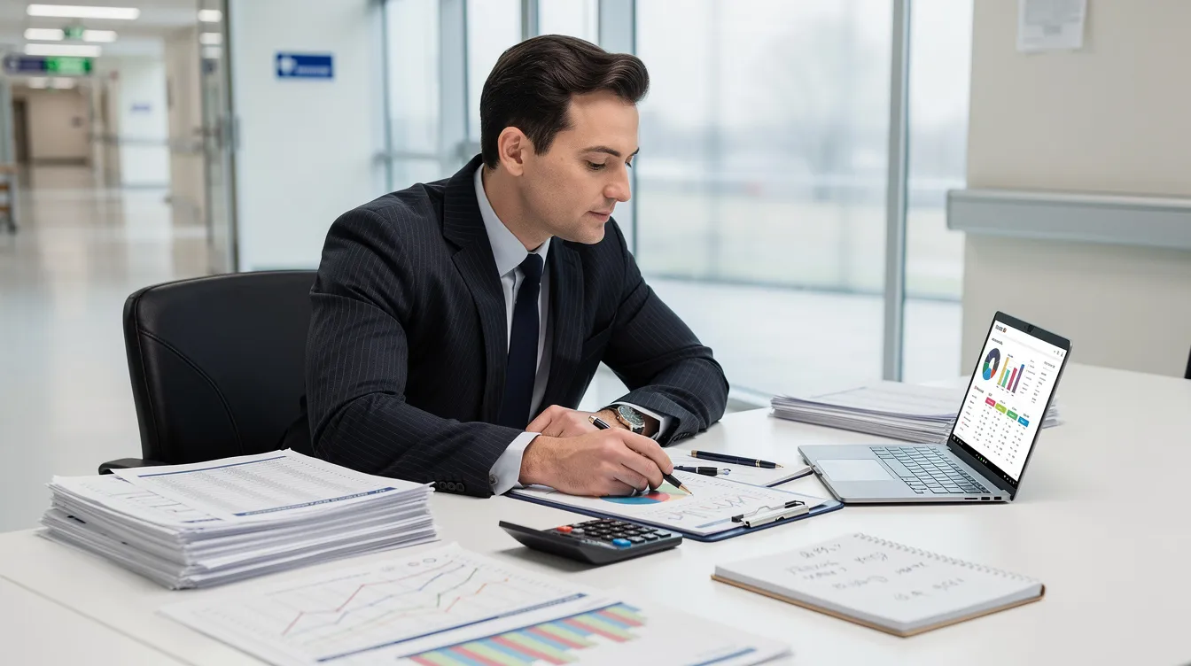 2a7951e8 df10 4984 b3b5 cc7cb09e1519 A professional chartered accountant is seated at a conference table, meticulously reviewing hospital financial documents, including income statements and balance sheets, to assess the company's financial health and calculate the debt service coverage ratio. The accountant is focused on analyzing operating cash flow and principal and interest obligations to ensure the hospital can meet its debt obligations effectively.