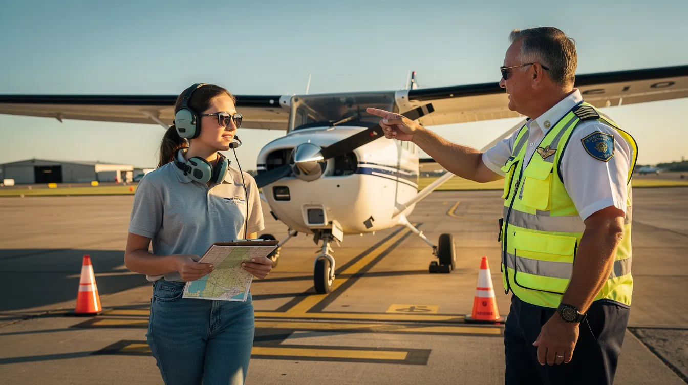A student pilot is walking towards a small training aircraft, accompanied by an instructor who is guiding them as part of their flight training. This scene reflects the journey of student progress in aviation, highlighting the important role of instructors in helping new pilots develop their skills.