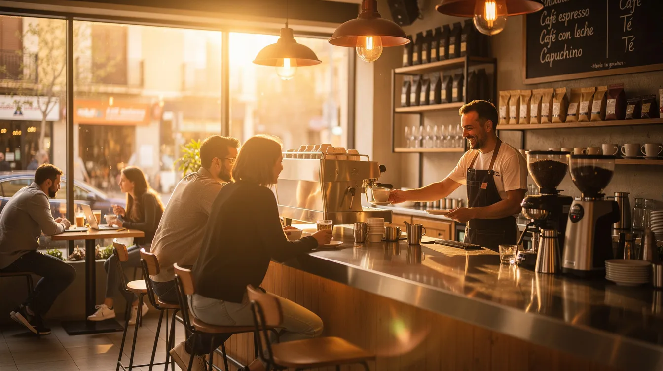 En el interior de una cafetería concurrida, un barista sirve café en una barra profesional iluminada, rodeado de máquinas de café y molinos que destacan por su calidad. La atmósfera está llena de clientes disfrutando de diversas bebidas, mientras se aprecia el flujo de trabajo en este negocio vibrante.