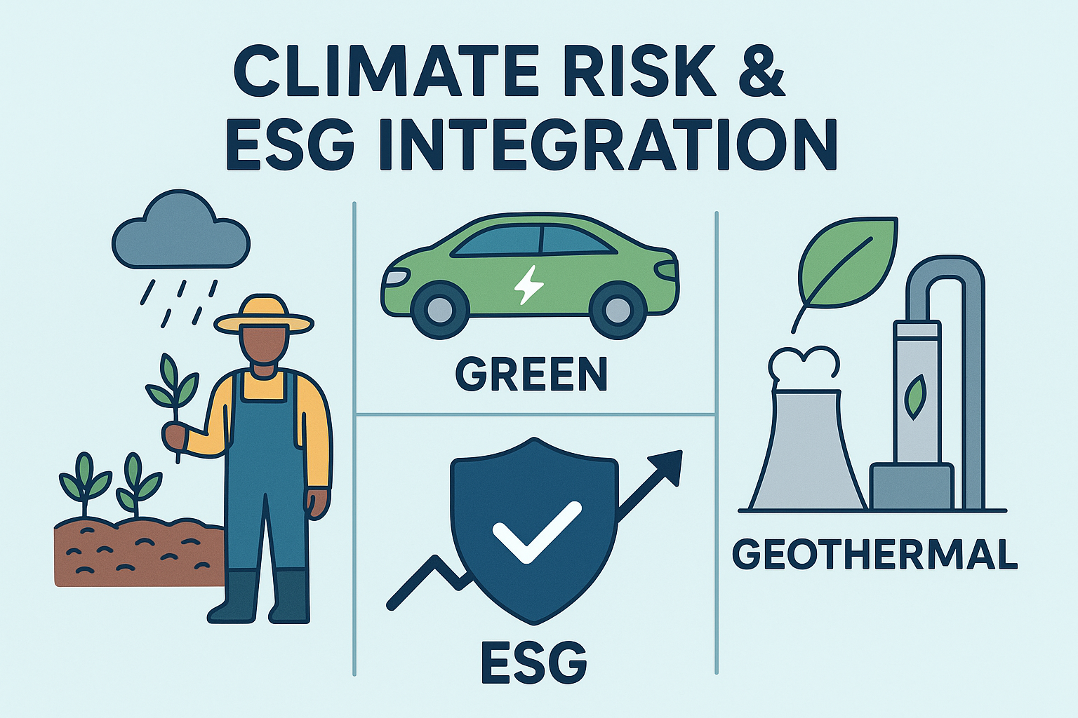 Infographic illustrating climate risk and ESG integration in Kenya, featuring a farmer with crops and rainfall for index-based crop insurance, a green electric car for green motor insurance, a geothermal plant for geothermal risk underwriting, and an ESG shield icon for sustainable investment.