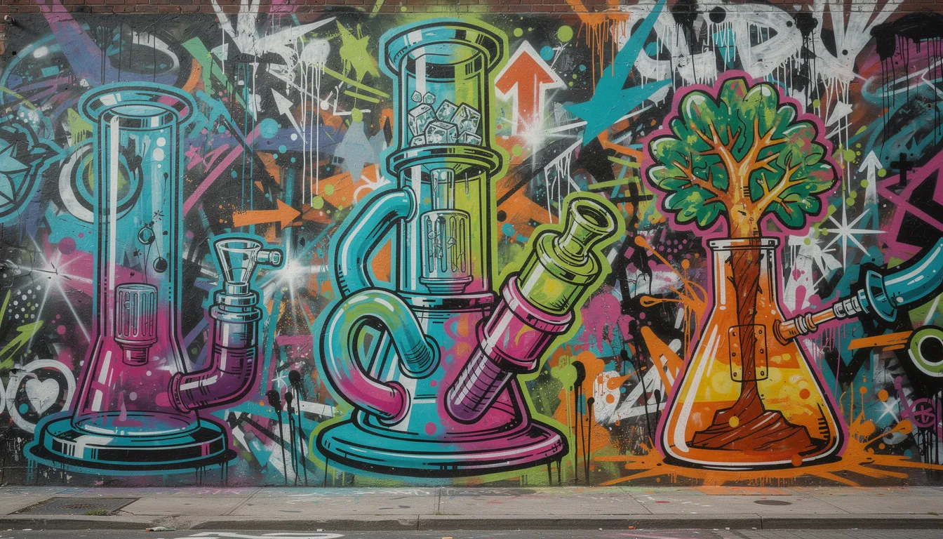 Moderne Bongs mit verschiedenen Bauweisen und Features, einschließlich Perkolatoren.