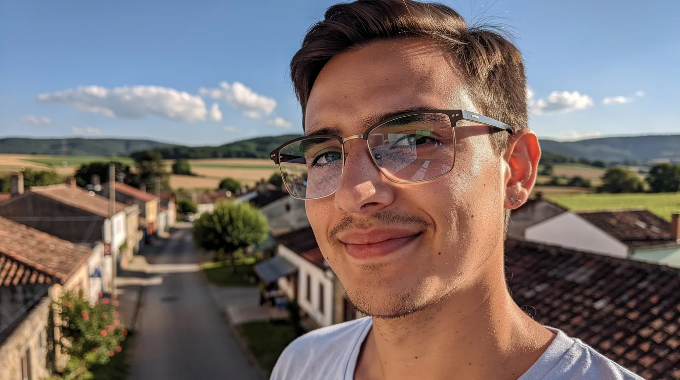 Uma pessoa usando óculos de grau está ao ar livre em um dia ensolarado, com uma bela paisagem de cidade do interior ao fundo. O cenário transmite uma sensação de bem-estar e conforto, destacando a importância da proteção dos olhos em dias ensolarados.