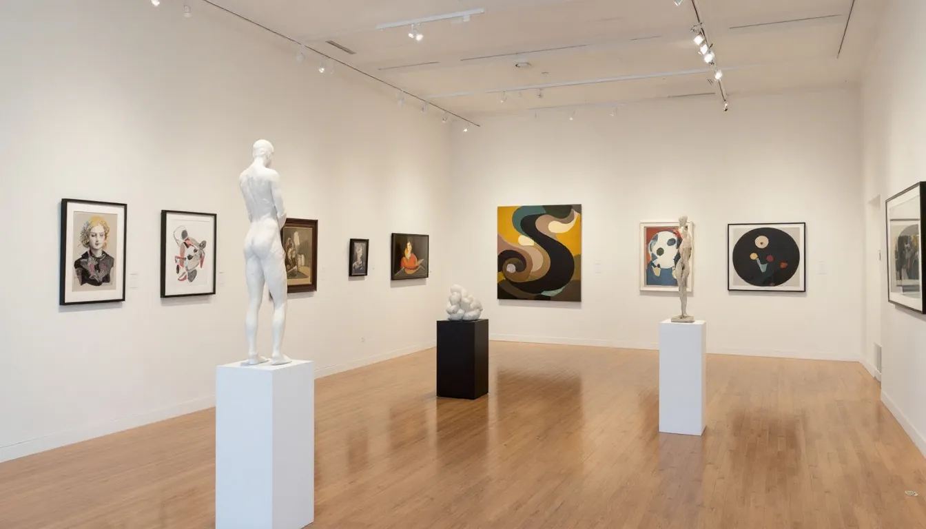 Wnętrze galerii sztuki z różnorodnymi obrazami i rzeźbami na wystawie, prezentującymi dzieła znanych artystów. Przestrzeń zachęca do zapoznania się z całą kolekcją dzieł sztuki oraz oferuje możliwość bezpłatnej wyceny obrazów i antyków.