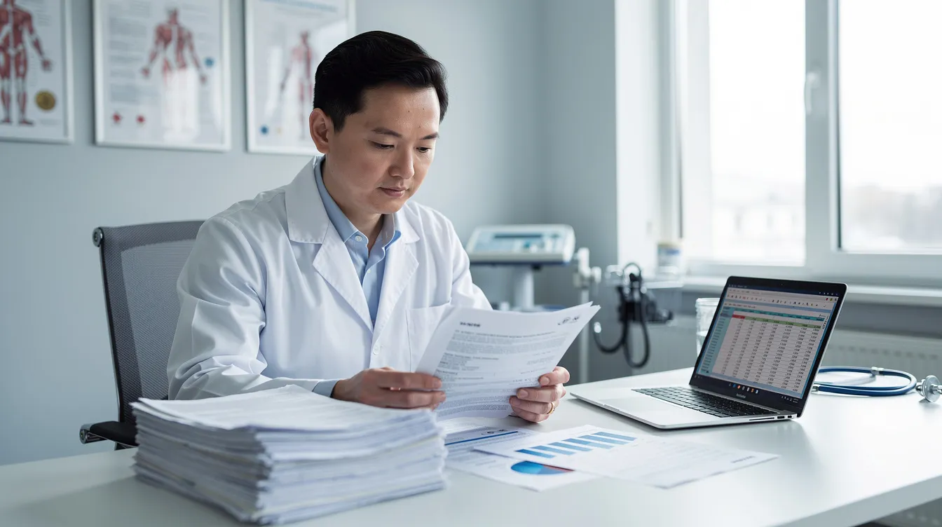 2a842529 8347 4567 90c2 fa87999ccb6a A doctor is seated at a desk in a hospital office, reviewing financial papers and a laptop, focusing on the company's financial health and debt service coverage ratio. The surroundings include medical equipment, highlighting the intersection of healthcare and financial management.