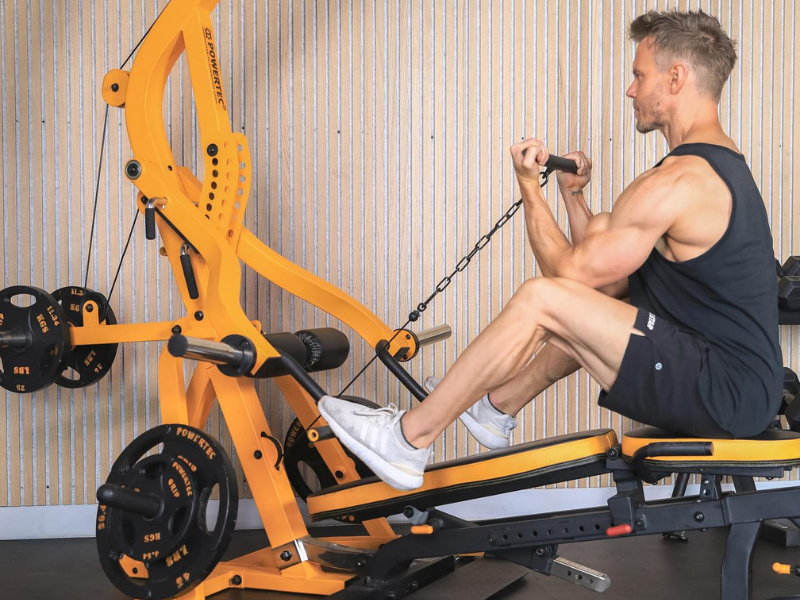 Picture of a Levergym system being used for muscular hypertrophy training.