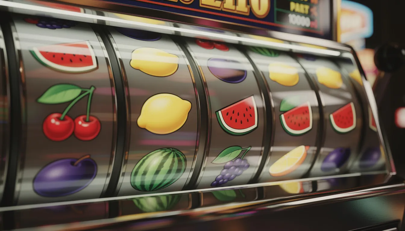 Bildbeskrivning: Färgglada spelautomathjul snurrar snabbt och visar olika fruktsymboler, vilket skapar en livlig och spännande atmosfär som påminner om en klassisk spelupplevelse. Dessa hjul kan hittas hos Otto Casino, där spelare kan njuta av exklusiva slots och bonusar utan insättning.