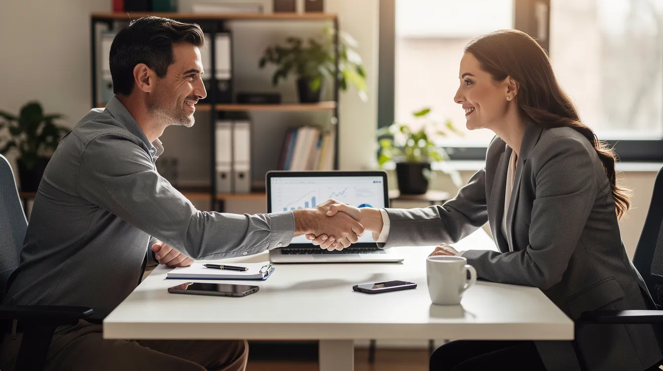 The image shows a business owner and a marketing consultant shaking hands at a desk equipped with a laptop, symbolizing a partnership in enhancing local SEO and digital marketing strategies for small businesses in Ocala, Florida. This collaboration aims to improve online visibility and search engine optimization efforts, ultimately driving more traffic and qualified leads.