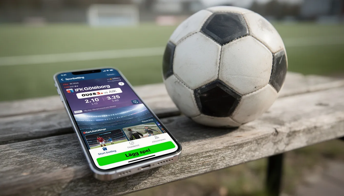 En mobiltelefon ligger på en bänk med en öppen sportbetting-app som visar odds för fotbollsmatcher, bredvid en fotboll. Denna bild illustrerar hur enkelt det är att spela hos Interwetten med deras bra utbud av live betting och sportspel.