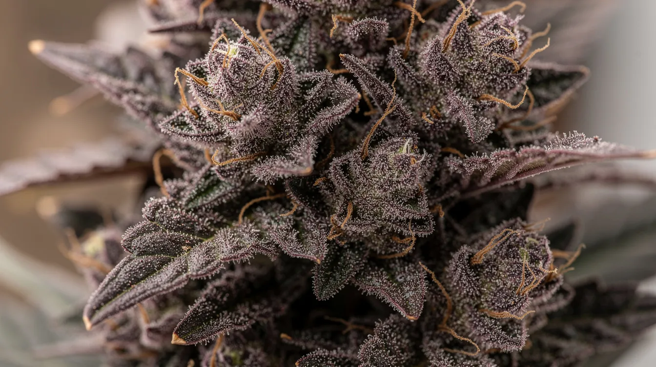 A close-up photograph showcases dense, frosty cannabis flower buds featuring deep green and purple hues, adorned with glistening trichomes. The image highlights the rich resin production and vibrant coloration typical of modern cannabis strains, appealing to experienced consumers seeking high potency and unique flavor profiles.