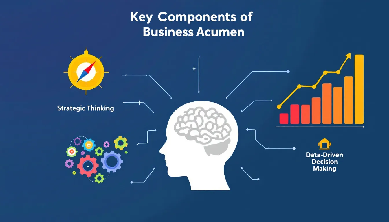 A diagram illustrating the key components of business acumen including strategic thinking and financial literacy.