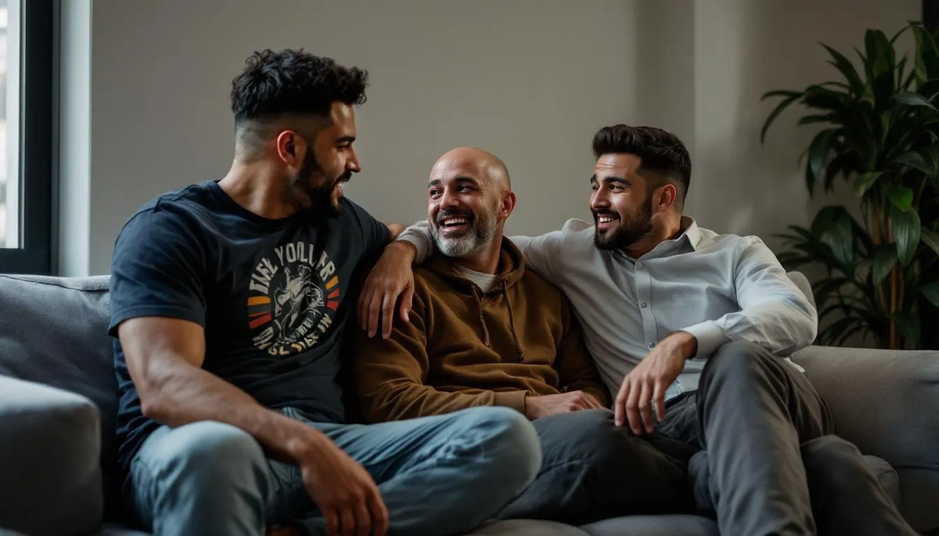 In a cozy apartment in Williamsburg, Brooklyn, a gay throuple consisting of one Latino, one Caucasian, and one Asian man sit together on a couch, engaging in an open and honest conversation about their biggest challenges and emotional support in their polyamorous relationship. The atmosphere is warm and inviting, reflecting their bond as they navigate life together as three partners.
