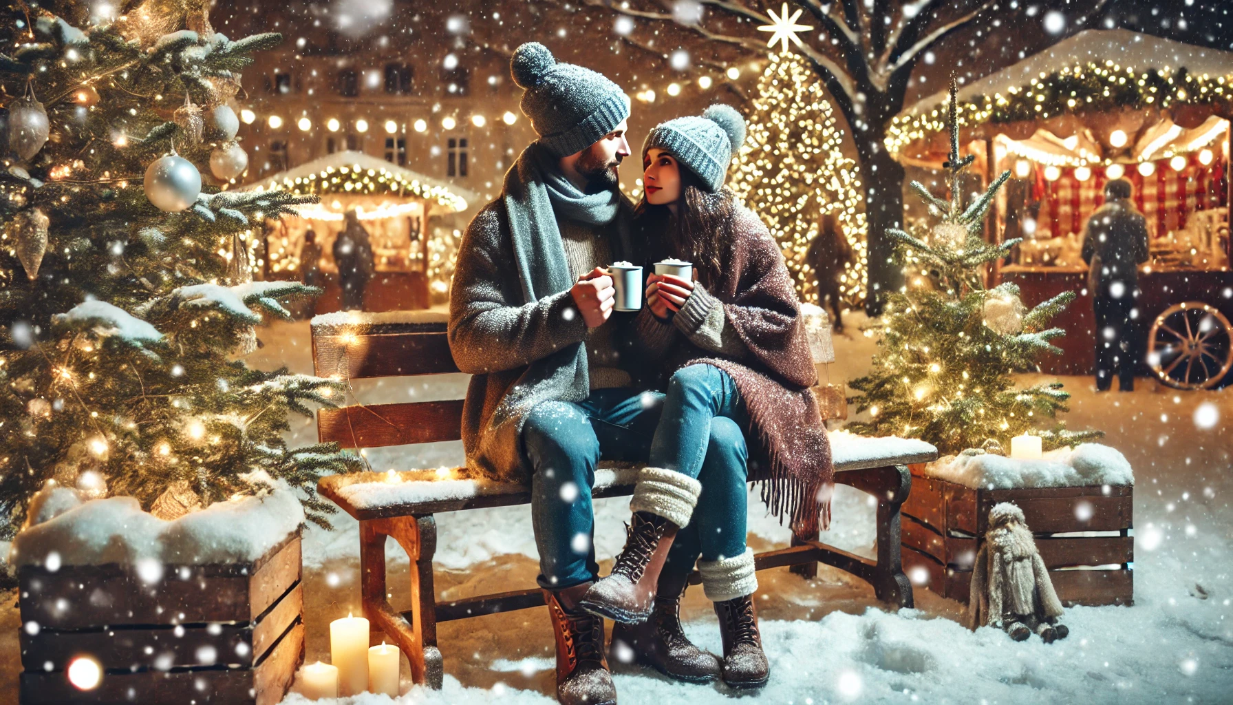 a cozy moment on a bench in the snow