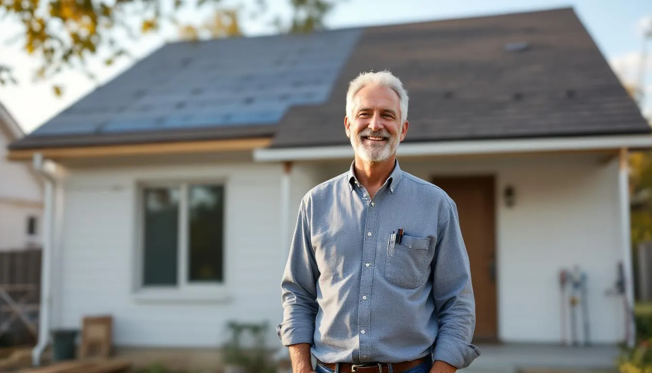 A satisfied Plano homeowner stands proudly in front of their newly repaired roof, showcasing the quality workmanship and exceptional customer service provided by a reliable roofing company. The asphalt shingles glisten in the sunlight, reflecting the homeowner's satisfaction with the roofing repairs completed by experienced professionals.