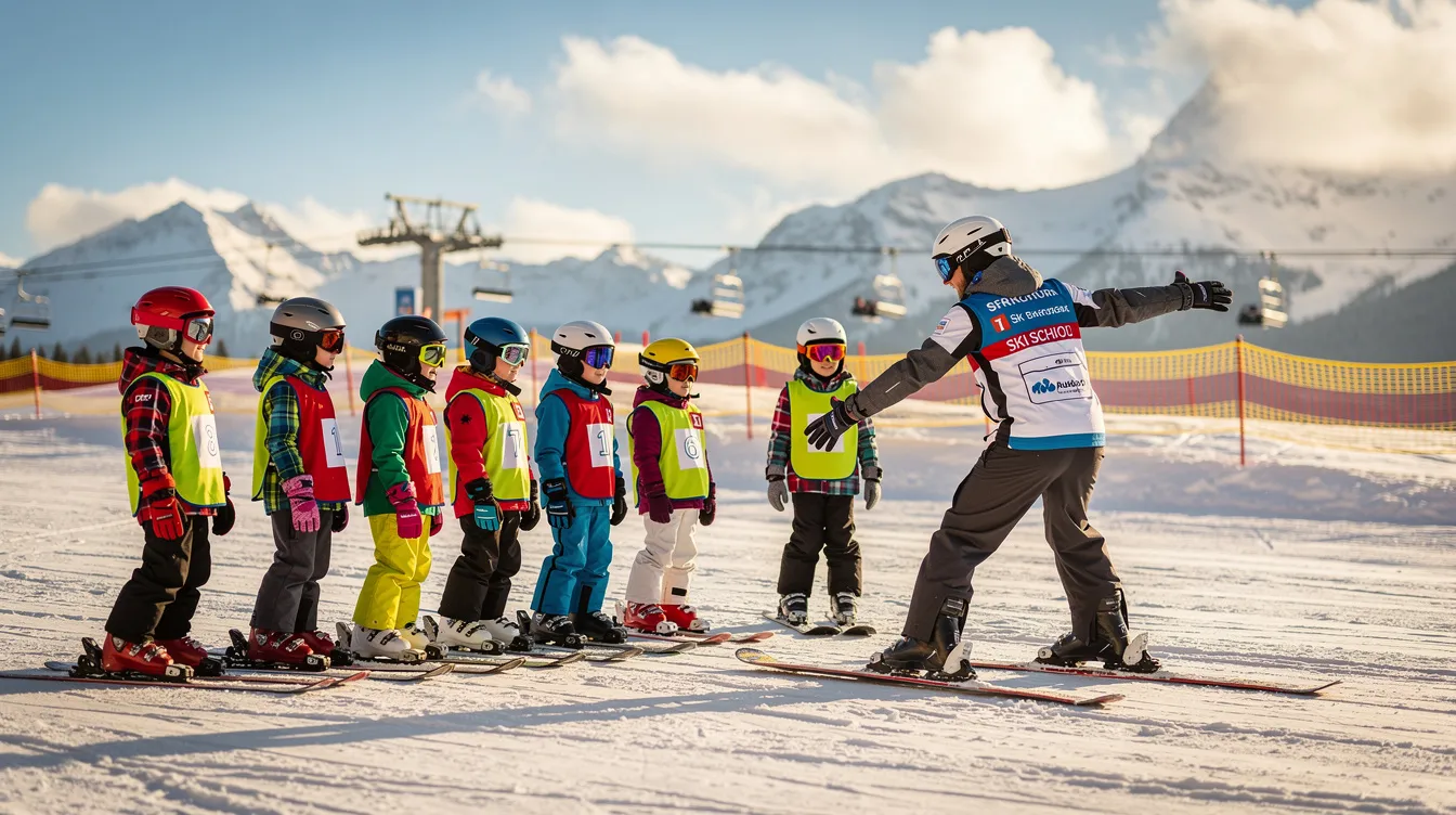 Eine Gruppe von Kindern mit einem Skilehrer steht auf einer Anfängerpiste im Schnee, bereit, das Skifahren zu lernen. Die Kinder sind fröhlich und aufgeregt, während sie ihre ersten Schritte auf den Skiern machen, unterstützt von ihrem Lehrer, der ihnen Tipps zur Koordination und zum Gleichgewicht gibt.