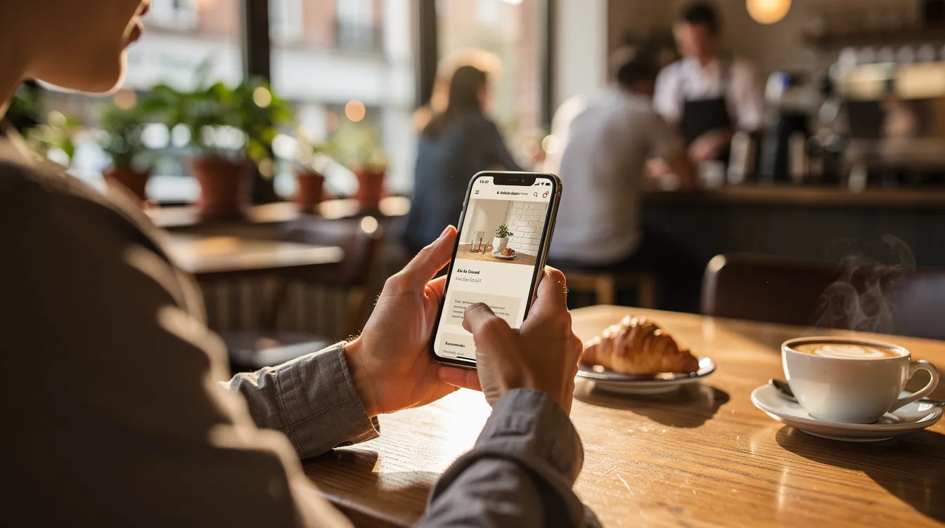 Une personne consulte un site internet sur son smartphone dans un café.