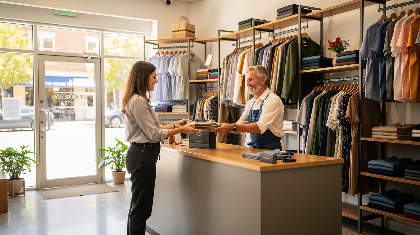 A cheerful small business owner is serving a customer in a vibrant garment shop, which features new display racks filled with colorful clothing. The shop reflects a successful business activity, highlighting the owner's dedication to providing quality service.