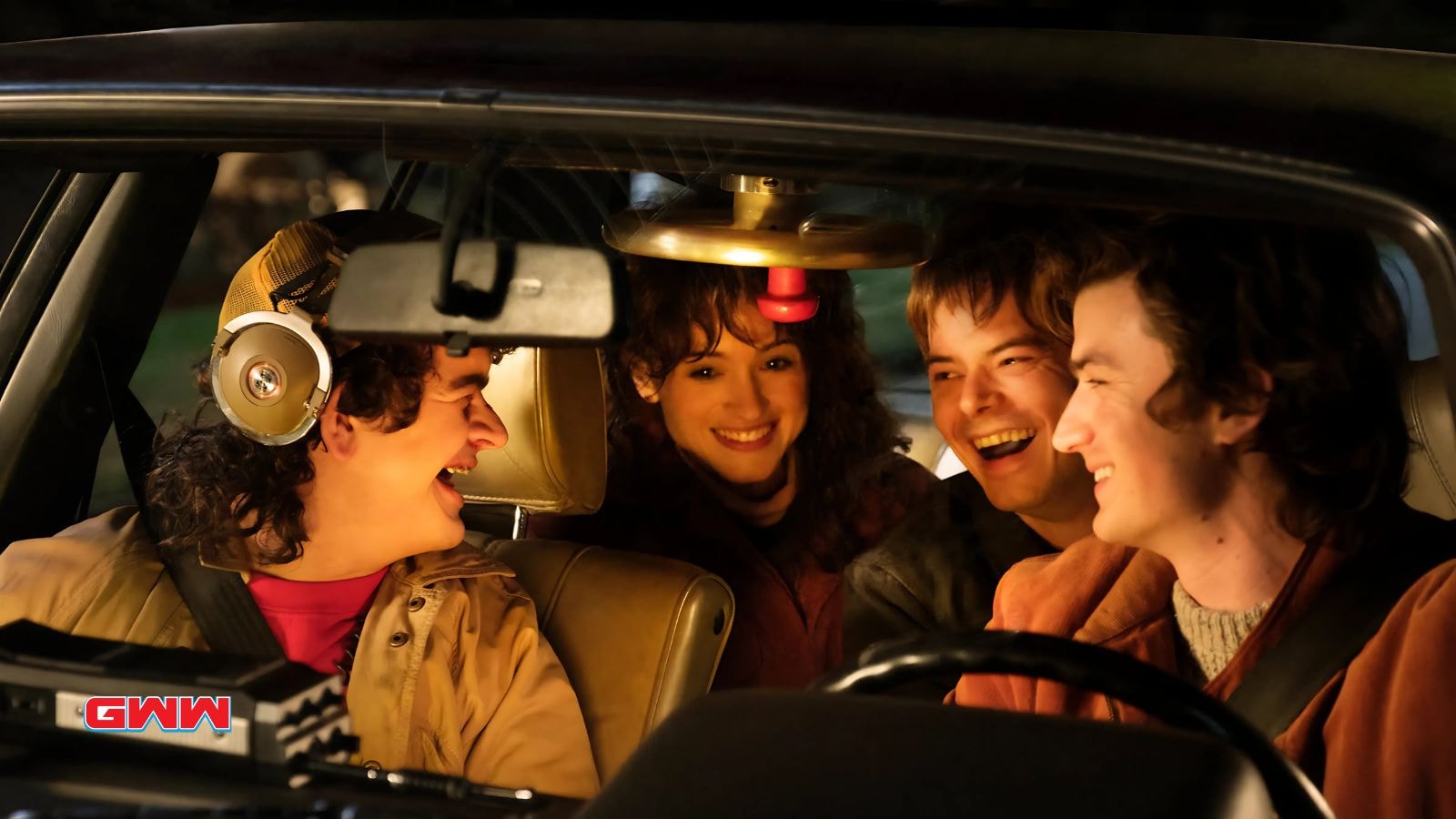 Natalia Dyer as Nancy Wheeler, Charlie Heaton as Jonathan Byers,Joe Keery as Steve Harrington, and Gaten Matarazzo as Dustin Henderson in Stranger Things season 5