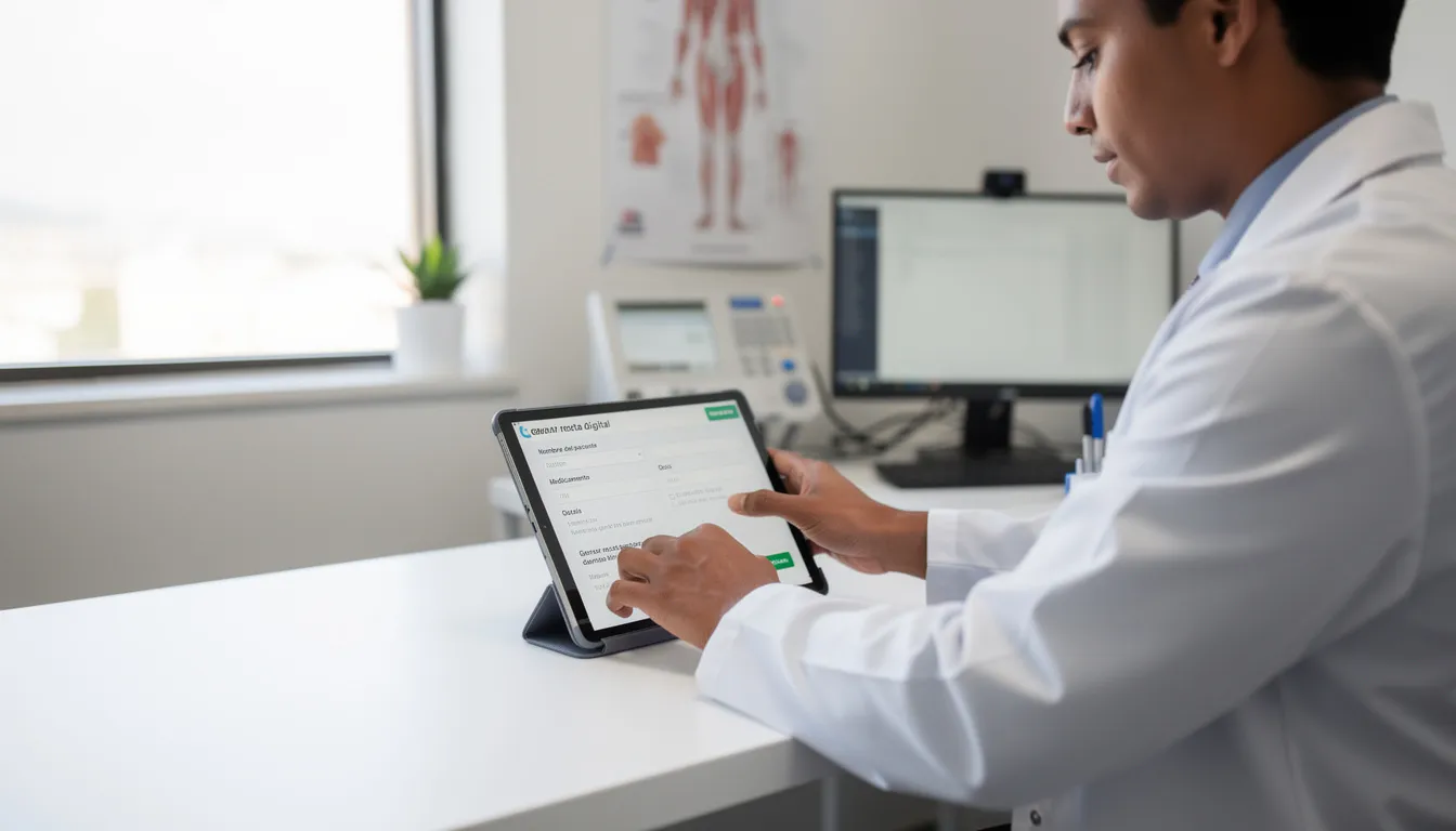 Un médico está utilizando una tableta para generar una receta médica digital en su consultorio, donde se pueden ver datos sobre medicamentos y el proceso de prescripción. La imagen muestra al profesional concentrado en el software, asegurando la correcta atención al paciente.