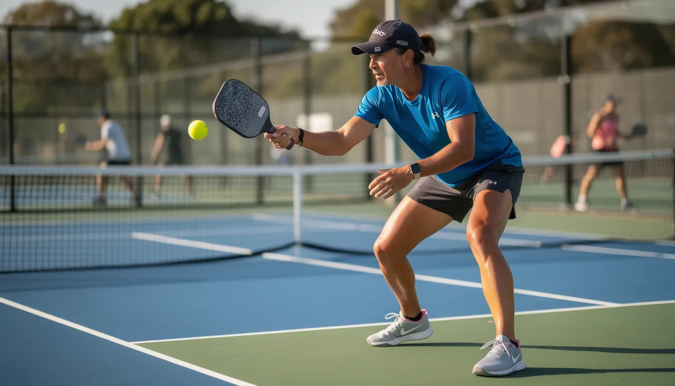 A professional pickleball player is shown demonstrating proper form during a daily practice session, showcasing their skills as they prepare to play the sport with precision and technique. The player is equipped with paddles and wearing appropriate shoes, emphasizing the importance of practice and community in the game of pickleball.
