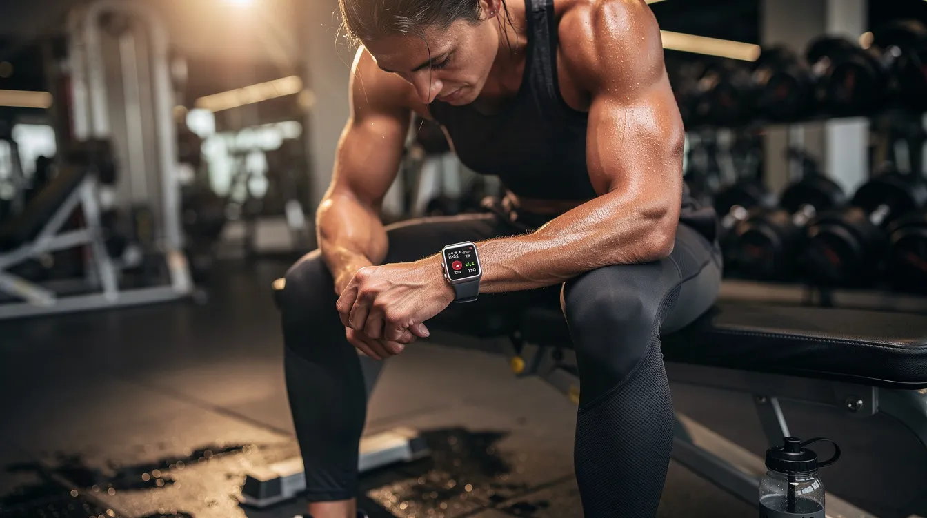 A person is checking their fitness watch while resting after a workout, likely monitoring their heart rate and assessing their fitness level. This moment highlights the importance of tracking cardiorespiratory fitness and how it relates to overall health and longevity.