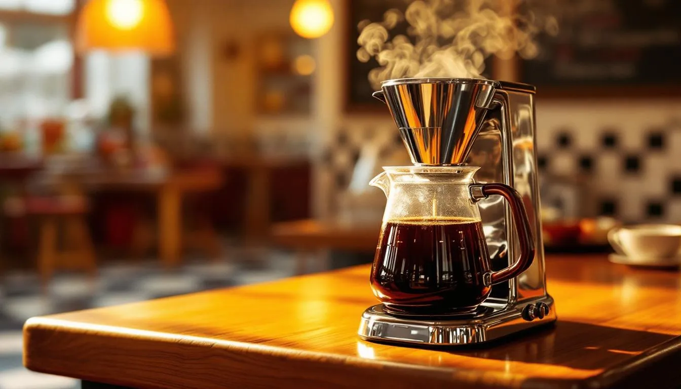 A drip coffee maker brewing a fresh pot of coffee.