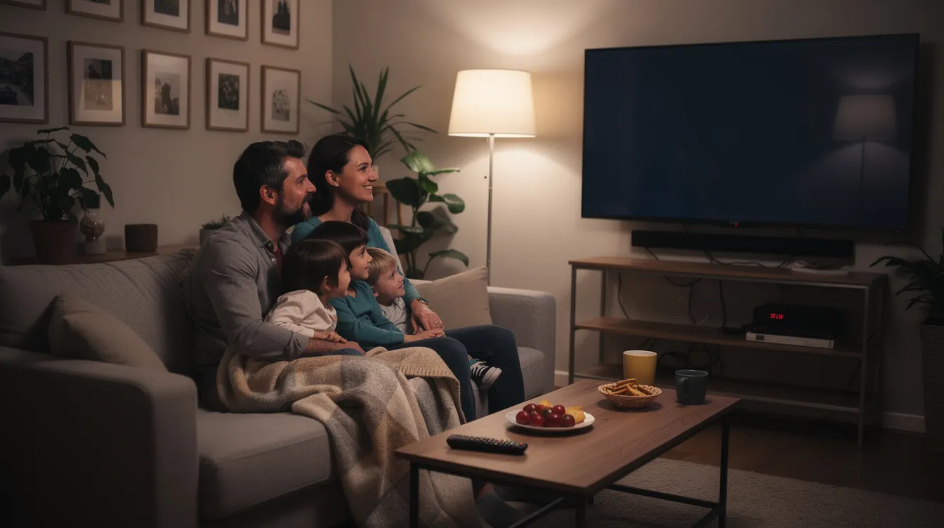A family is comfortably gathered on a couch in a dimly lit living room, watching a large wall-mounted television that showcases live TV channels. This scene highlights the enjoyment of streaming content together, possibly through a reliable IPTV service that offers a variety of movies, TV shows, and premium sports channels.