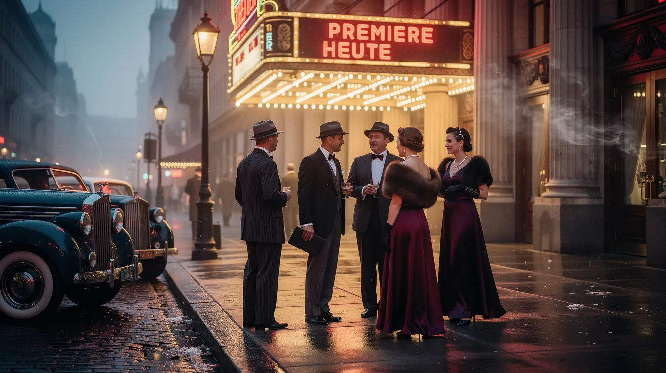 Die historische Straßenszene aus den 1940er Jahren zeigt ein großes Theatergebäude mit leuchtender Neonreklame, umgeben von elegant gekleideten Menschen auf dem Gehweg. Diese Atmosphäre erinnert an die glamouröse Filmgeschichte und die Theaterstars jener Zeit, wie Margo Channing und Eve Harrington aus "All About Eve".