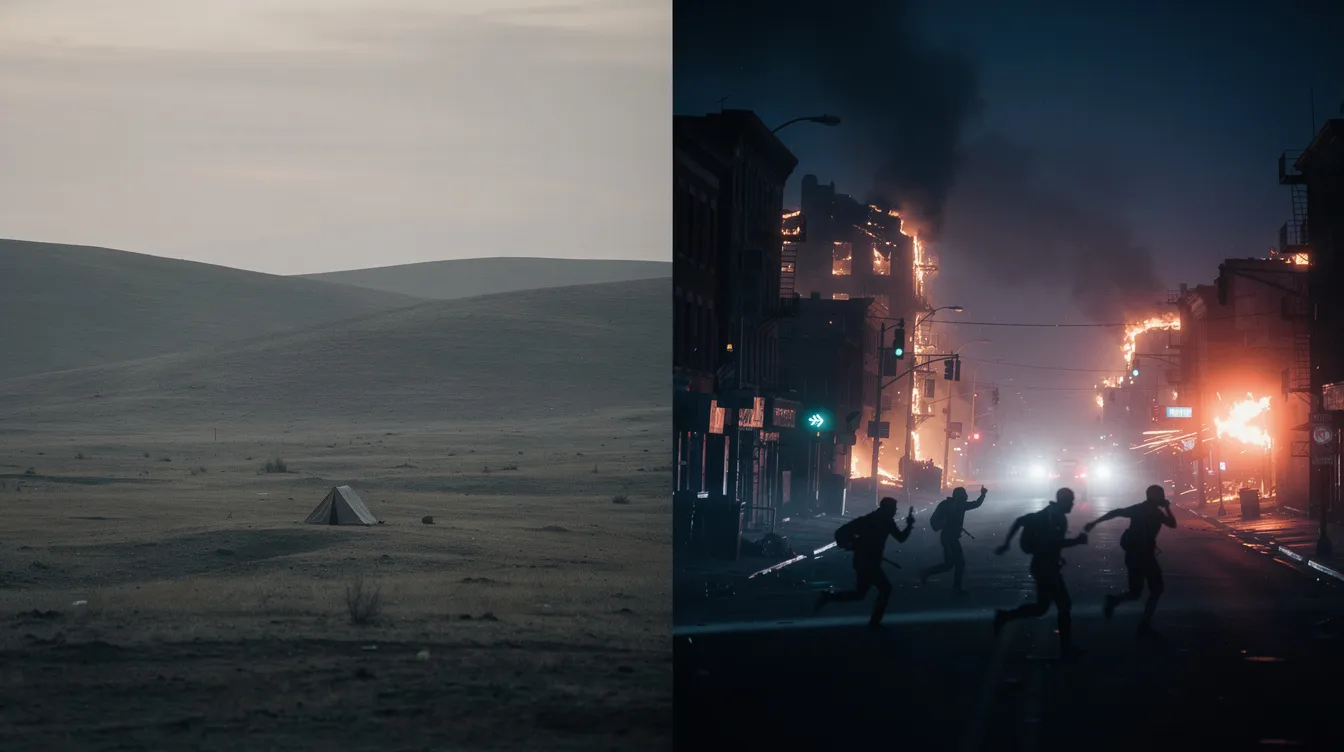 Das Bild zeigt links eine ruhige, weite Landschaft mit einem kleinen Zelt zwischen kargen Hügeln in gedämpften Farben, während rechts eine chaotische Nachtszene mit brennenden Gebäuden, Lichtblitzen und rennenden Gestalten zu sehen ist. Diese kontrastierenden Szenen könnten an die Abenteuer von Harry Potter erinnern, in denen oft Frieden und Chaos aufeinandertreffen.