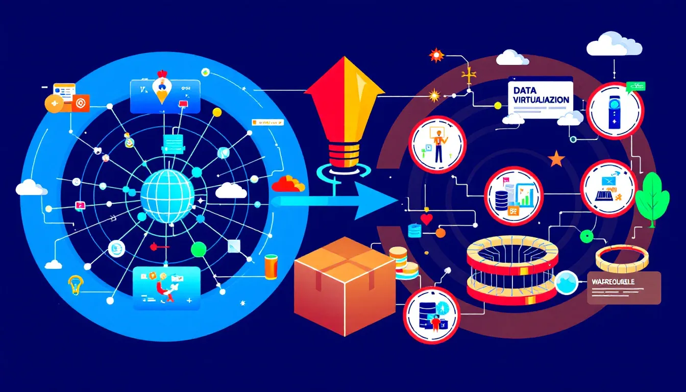 A diagram illustrating data integration processes between virtualization and warehousing.