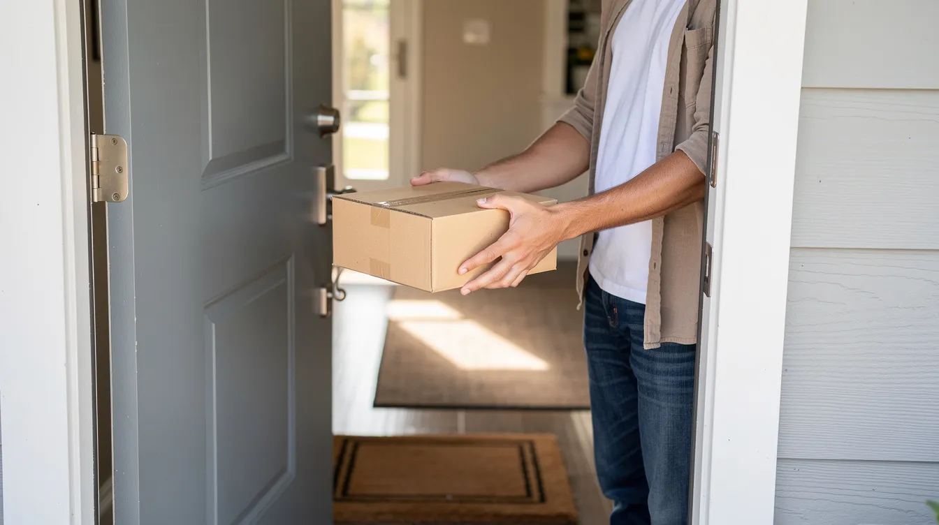 A person stands at their front door receiving a small cardboard package, performing security verification to ensure the delivery is legitimate. The scene captures the essence of modern delivery services, highlighting the importance of security in protecting consumers from potential threats such as malicious bots.