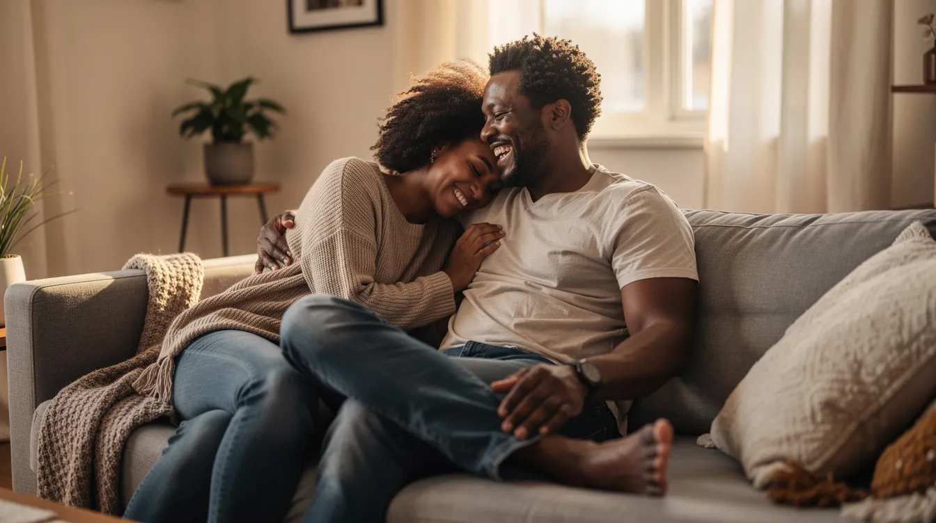 A black couple sits closely together, comfortably holding hands and sharing joyful smiles, embodying a healthy relationship built on self love and mutual respect. Their relaxed body language and eye contact reflect the importance of communication and emotional support in maintaining a lasting romantic relationship.