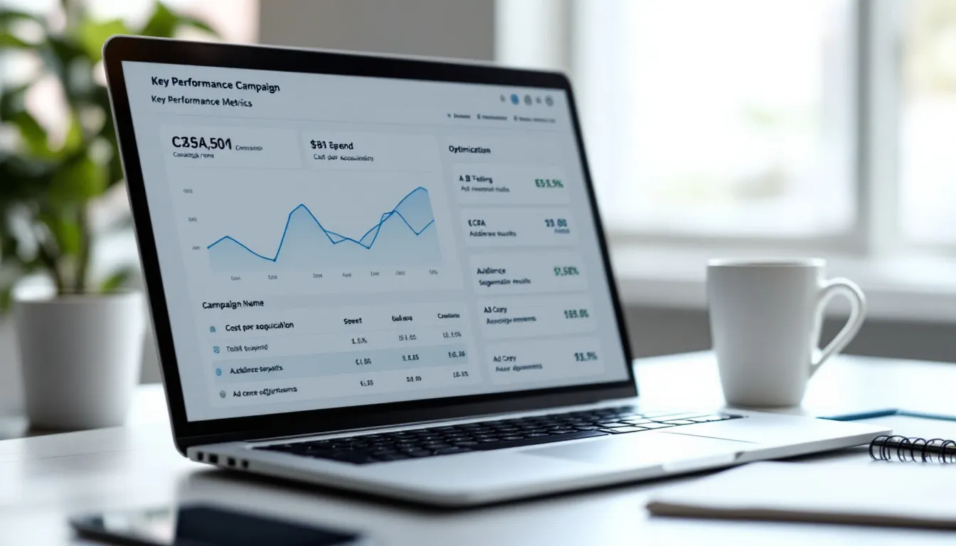 The image illustrates a strategic approach to lowering cost per acquisition (CPA) in digital advertising through structured testing and optimization. It features various elements such as data analytics, campaign strategies, and major platforms like Google Ads and Facebook, emphasizing the importance of expertise and tools in enhancing brand visibility and engagement with customers.