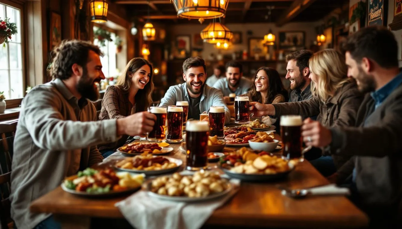 A group of friends joyfully celebrating at a traditional Polish restaurant in Krakow, surrounded by large beer steins and a spread of traditional Polish dishes. The lively atmosphere reflects a typical stag weekend, perfect for enjoying Krakow's vibrant nightlife and delicious local cuisine.