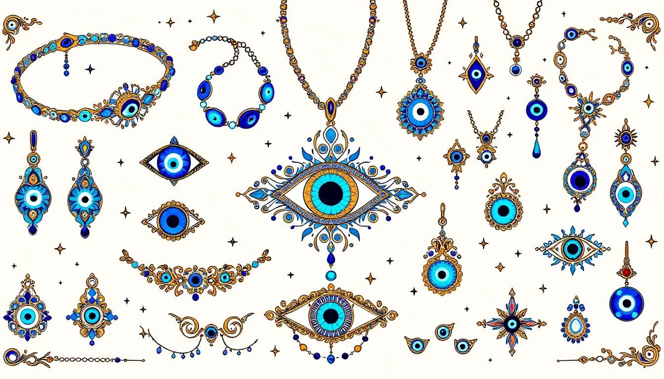 A collection of evil eye jewelry showcasing various pieces including bracelets, necklaces, and earrings.