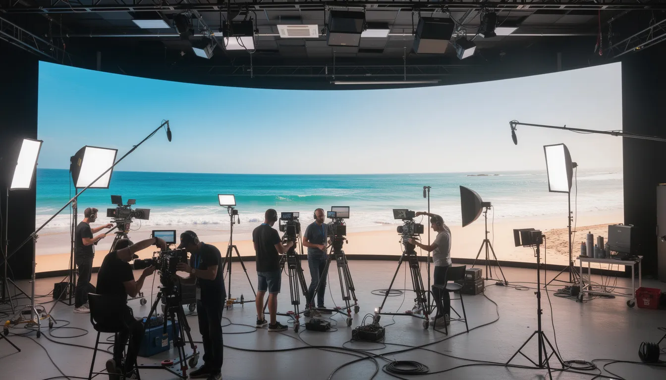 The image depicts a vibrant production studio featuring an LED wall that showcases a sunny coastal scene, while a dedicated production crew works diligently with cameras and lighting equipment, focusing on the tasks at hand to create high-quality video content.