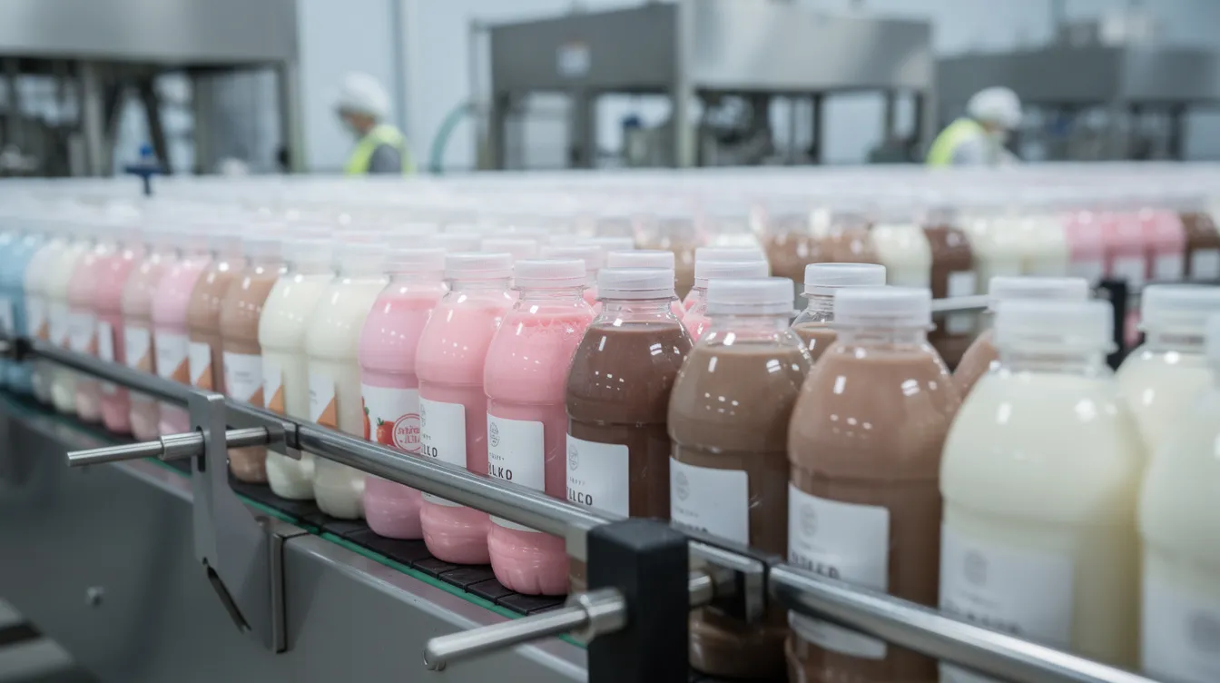 The image depicts rows of filled flavored milk bottles moving along a stainless steel conveyor in a dairy processing plant, showcasing the efficient automation and quality control in the production of nutritious dairy products. The scene highlights the infrastructure and machinery essential for maintaining a consistent supply and longer shelf life of flavored milk.