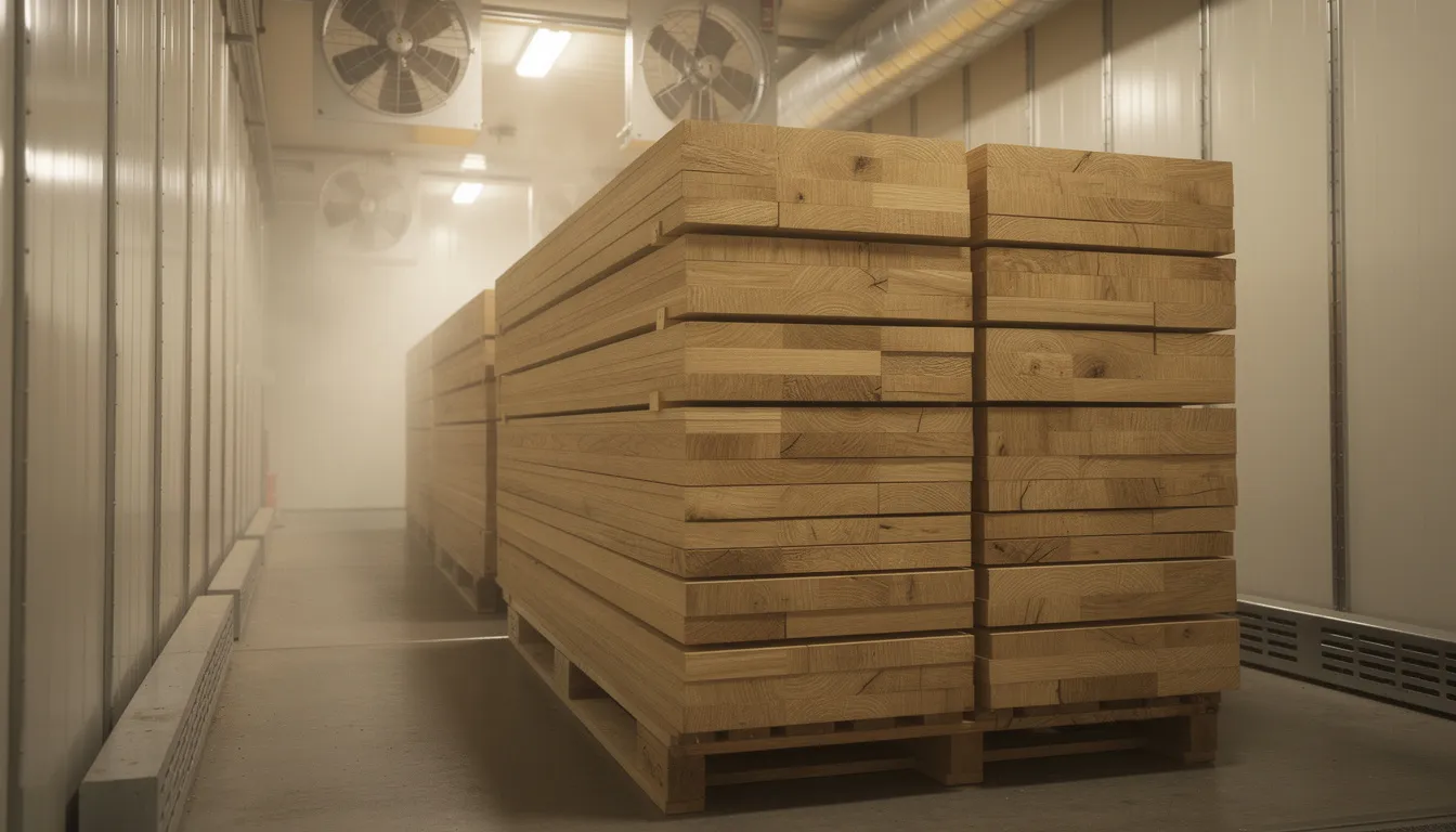 Na zdjęciu znajduje się stos desek drewna dębowego w suszarni komorowej, które charakteryzują się solidnością i trwałością, idealne do produkcji mebli. Deski mają różne wymiary, co pozwala na ich wykorzystanie w aranżacji wnętrz, takich jak jadalnie czy salony.