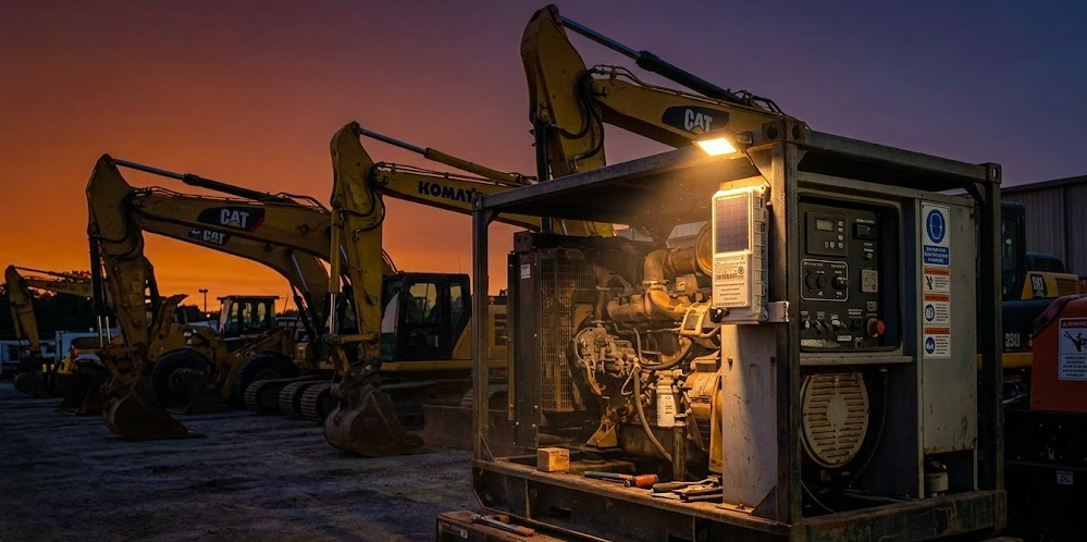 Construction job site at dusk with heavy equipment parked overnight and a solar GPS tracker mounted on a generator frame