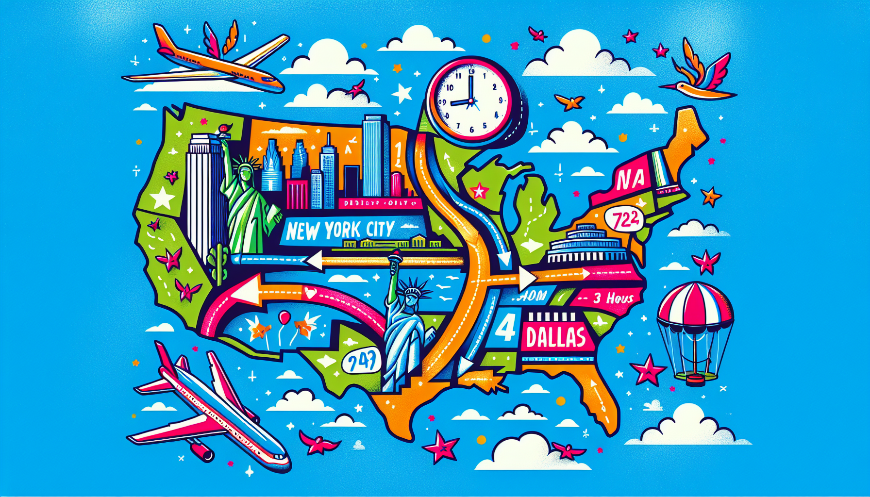 An illustration showing the flight route and time from NYC to Dallas, highlighting the distance and flight time.