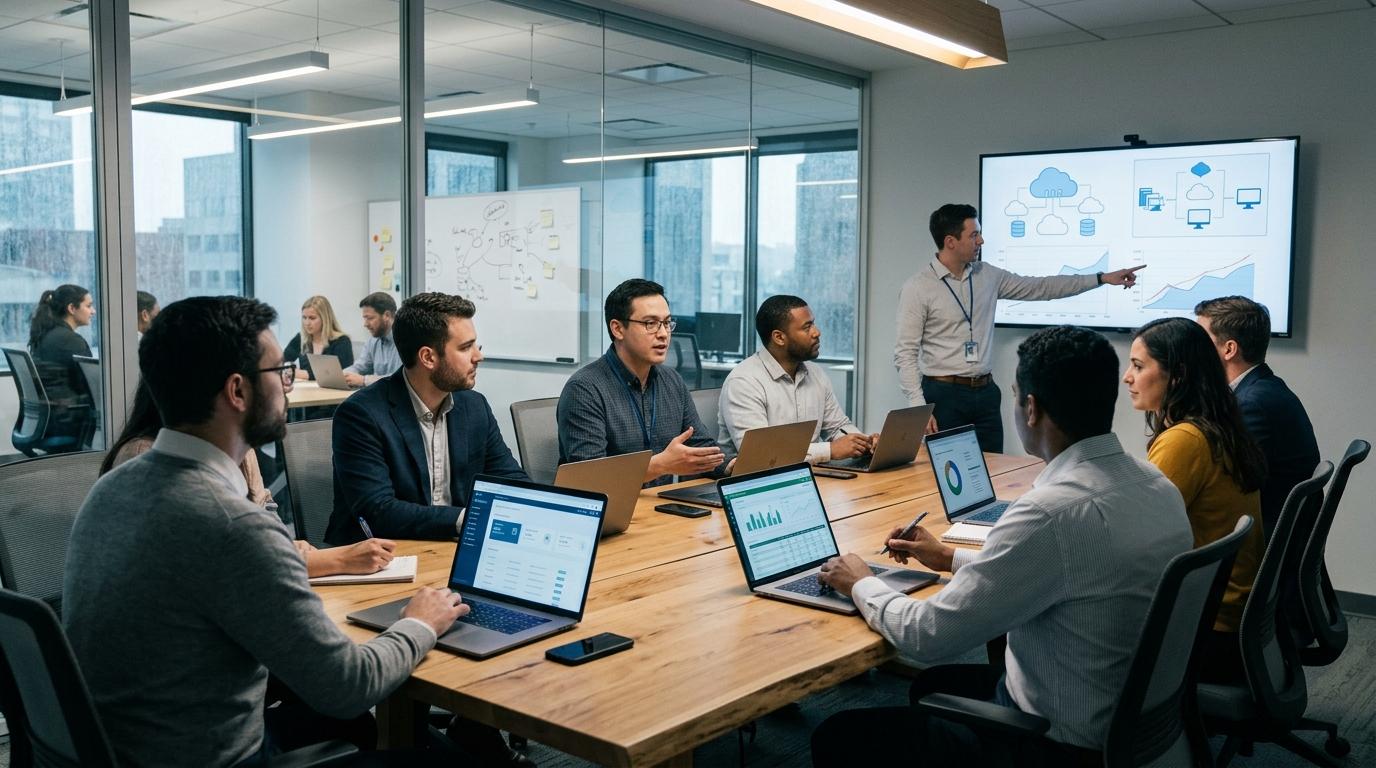 University finance and IT teams evaluating secure online assessment platforms using laptops, cloud computing, digital budgeting visuals, and virtual desktop infrastructure.