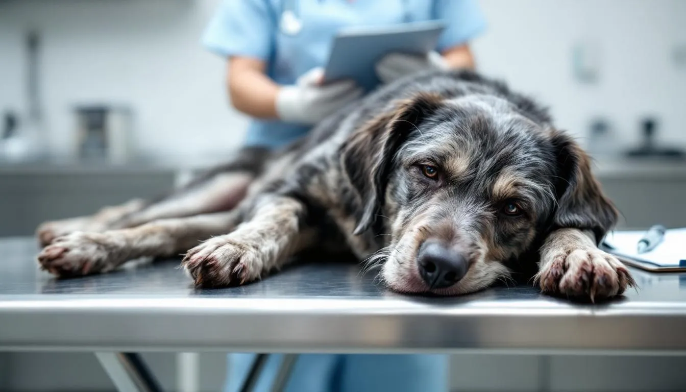 In a veterinary examination room, a dog exhibits signs of abdominal discomfort, such as a tense posture and a reluctant demeanor, indicating potential pancreatitis symptoms. The setting suggests the need for diagnosing pancreatitis, as the dog may be experiencing abdominal pain related to issues like inflamed pancreas or chronic pancreatitis.