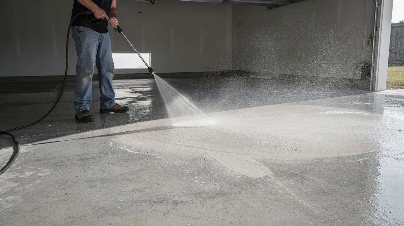 Person pressure washing a bare concrete garage floor to remove stains