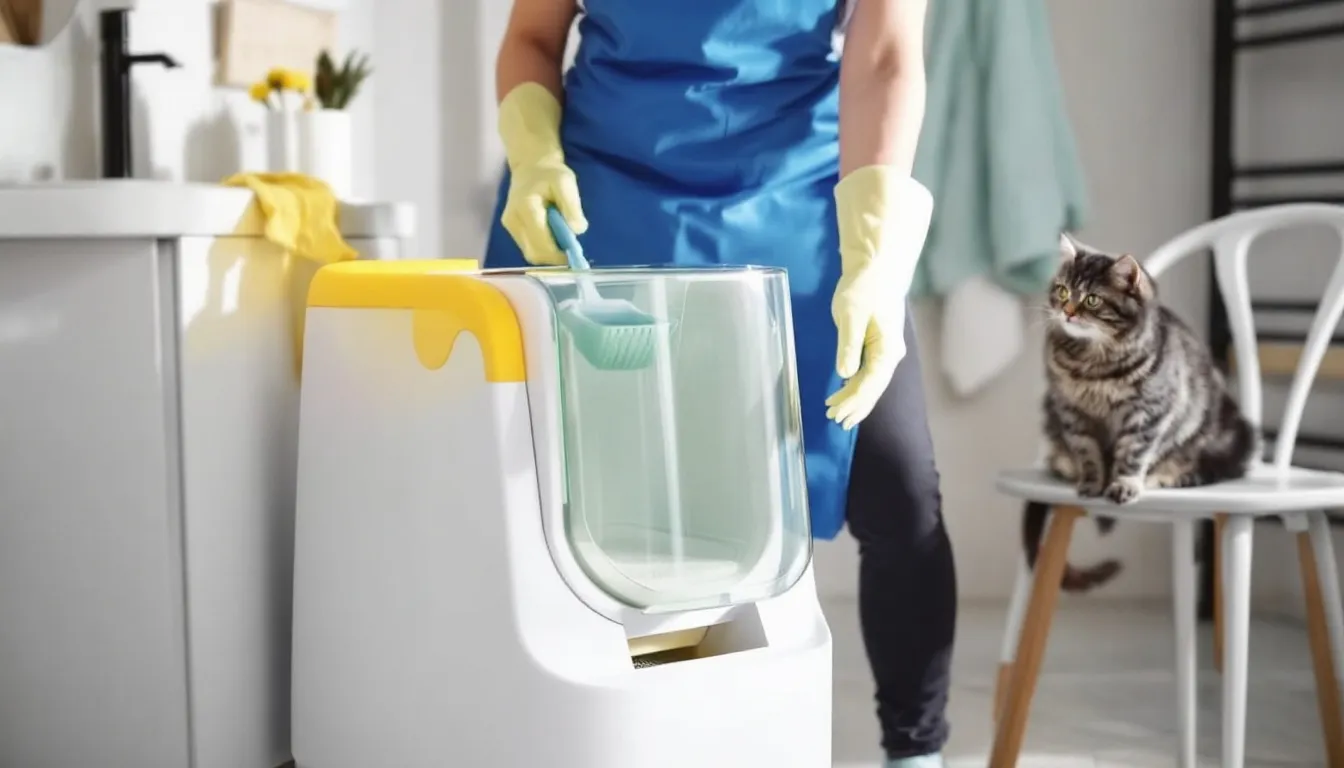 Een persoon is bezig met het schoonmaken van een semi automatische kattenbak, waarbij ze de uitwerpselen efficiënt verwijderen om nare geurtjes te minimaliseren. De kattenbak is uitgerust met een geurfilter en zorgt voor een hygiënische omgeving voor de kat.