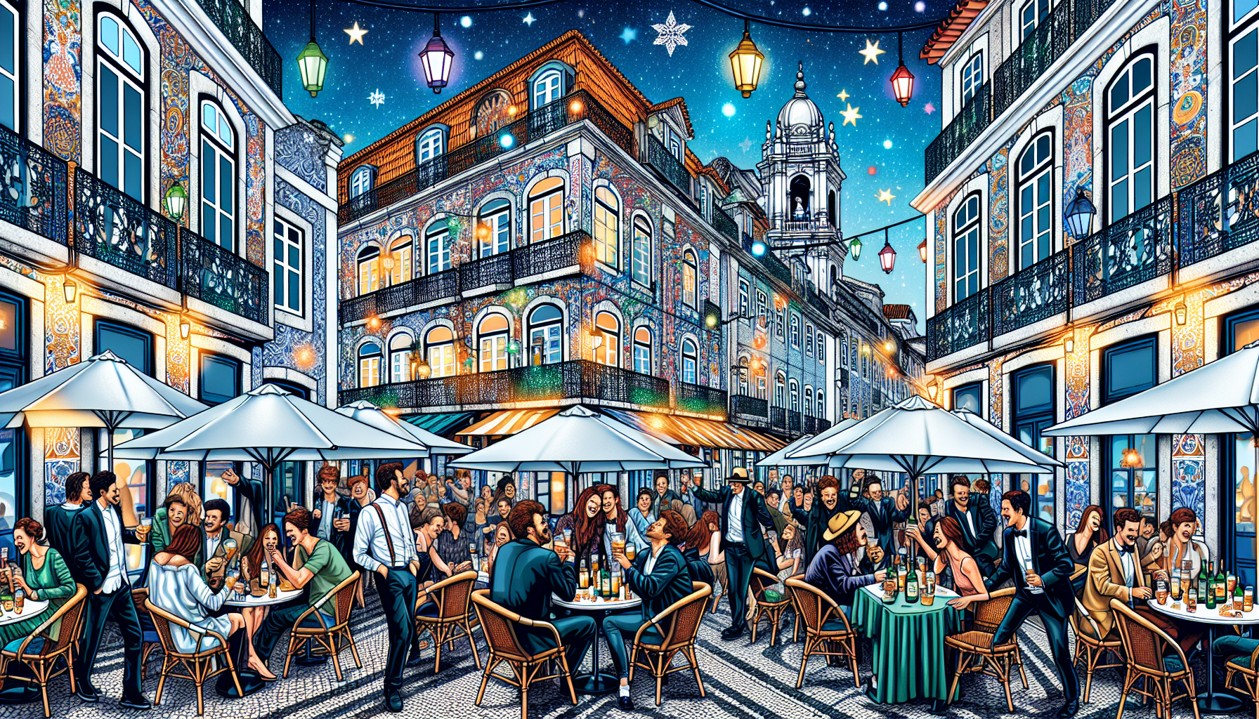 En livlig illustration af Lissabons livlige natteliv, perfekt til stag do fejring.