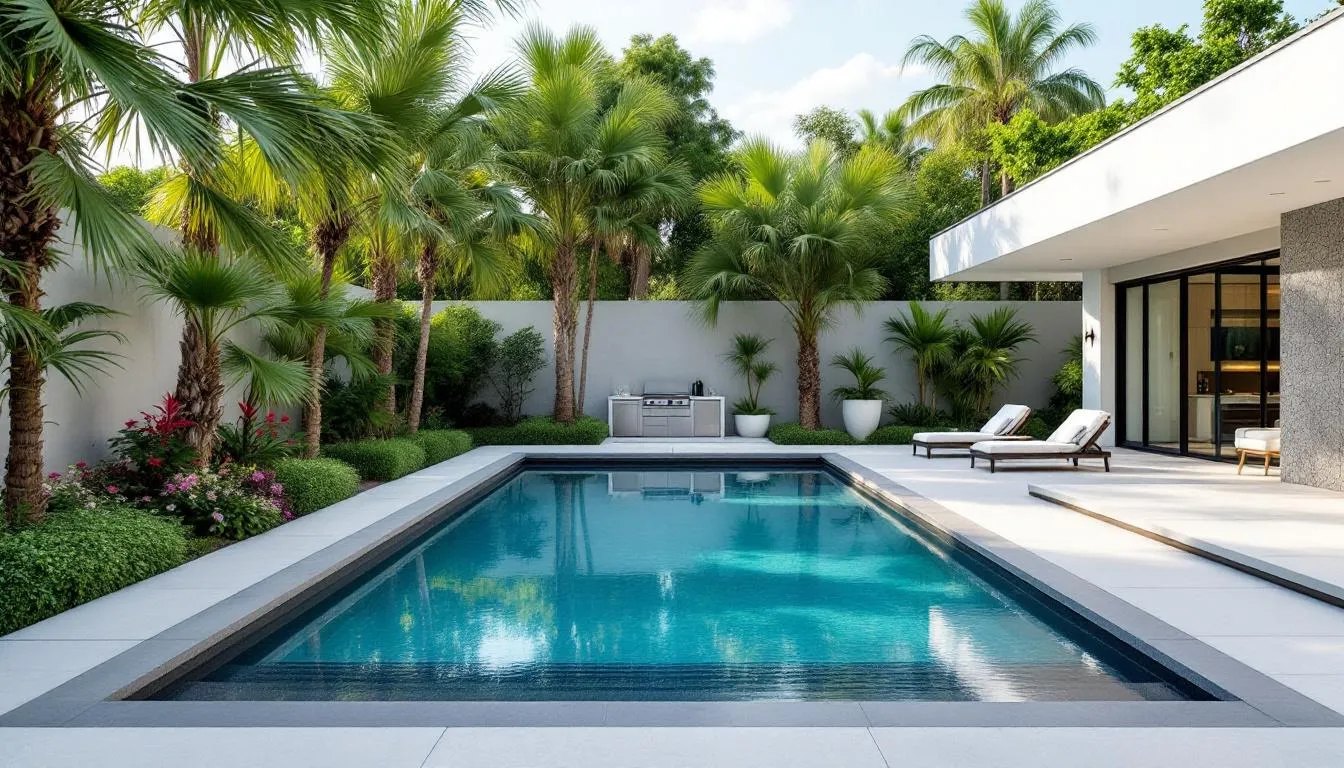 A serene backyard oasis featuring a swimming pool and landscaping elements, representing the ultimate guide to landscape design and installation for residential swimming pools.
