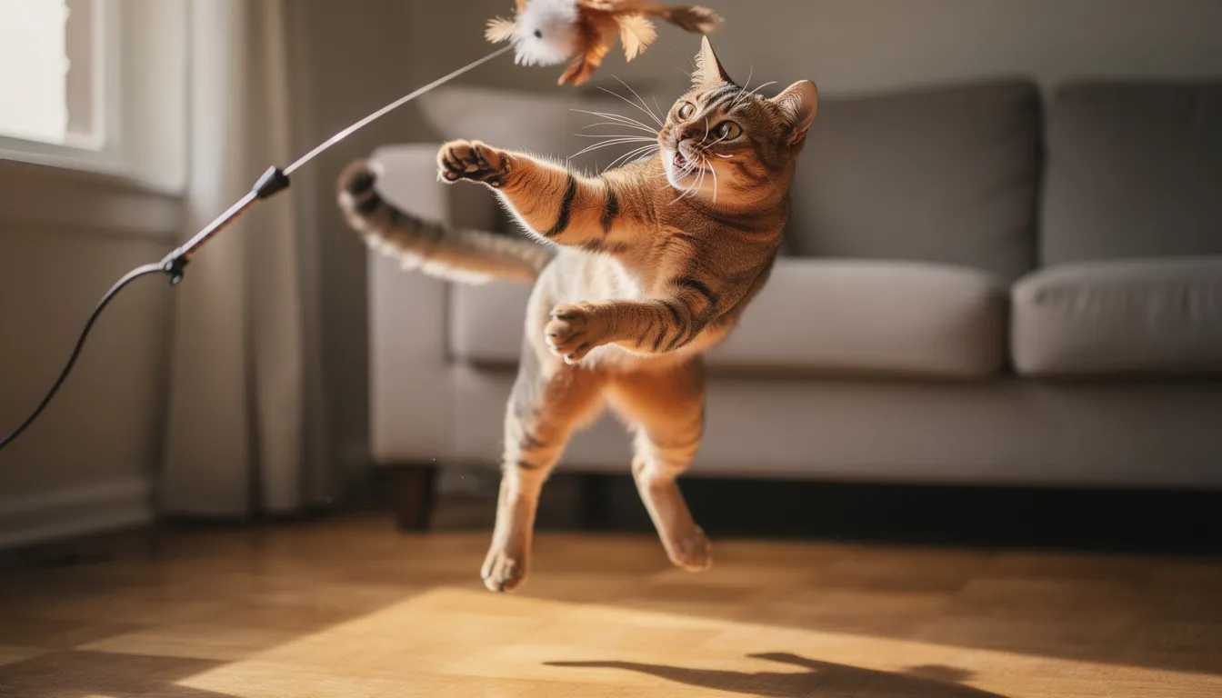 Een kat springt speels in de lucht terwijl hij speelt met een hengelspeeltje, zijn snorharen en staart bewegen enthousiast. Dit gedrag is kenmerkend voor een goed gesocialiseerde kat die zich vermaakt en zijn prooi achterna jaagt.