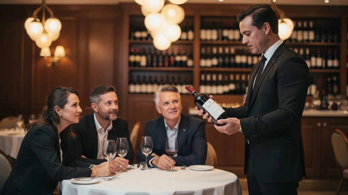 Un sommelier passionné présente une bouteille de vin à un groupe attentif lors d'un cours d'œnologie à Paris, partageant ses connaissances sur les cépages et les arômes. L'atmosphère est conviviale et éducative, idéale pour une expérience de dégustation enrichissante.