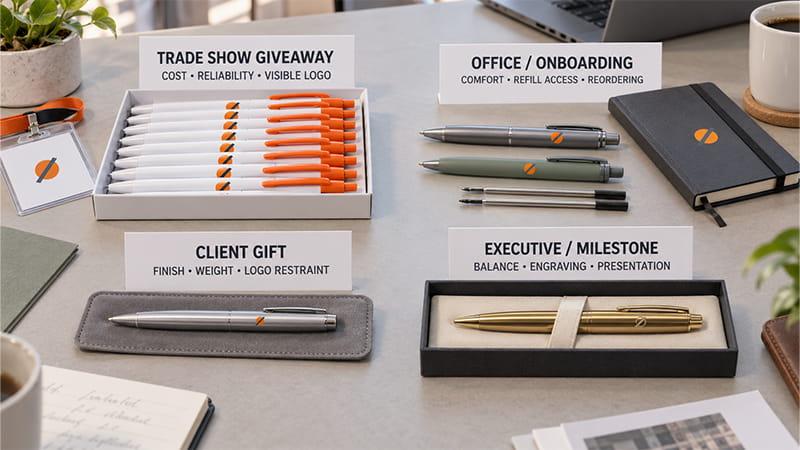 Promotional pen options matched to trade show giveaways, employee onboarding, client gifts, and executive milestone gifts