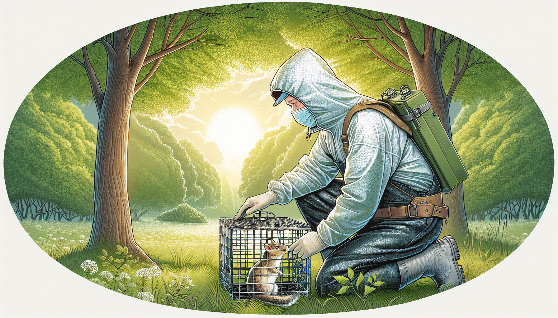 An illustration depicting the proper handling of trapped animals, ensuring safety for both the handler and the animal.