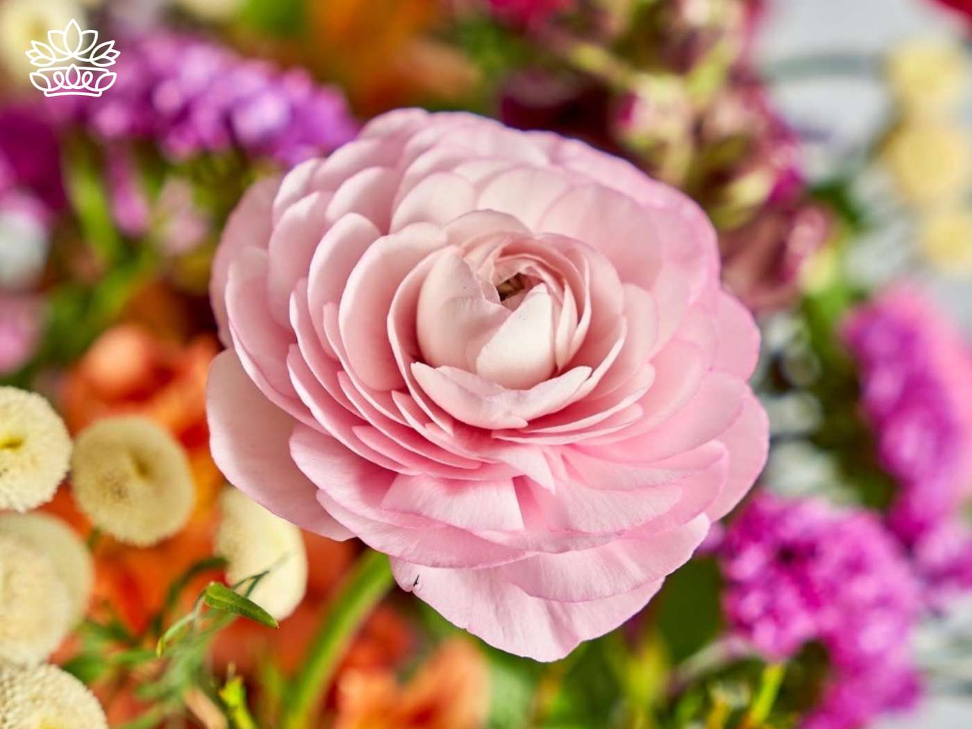 A delicate pink ranunculus blossom in full bloom, standing out against a vivid background of assorted flowers, from Fabulous Flowers and Gifts.